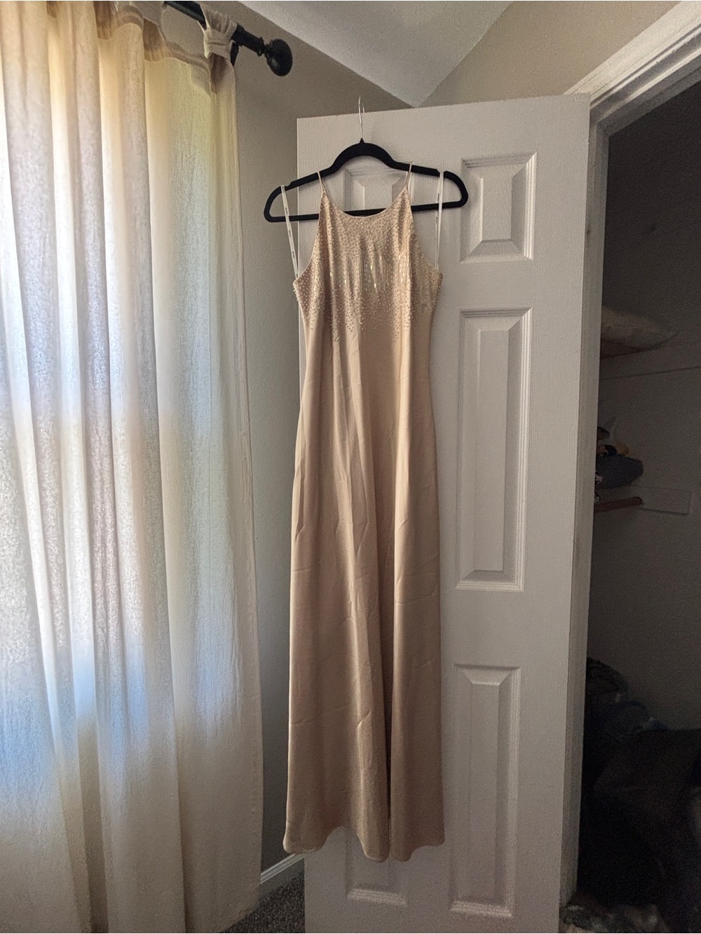 Elegant champagne Satin Slip Dress with Sequin Bodice